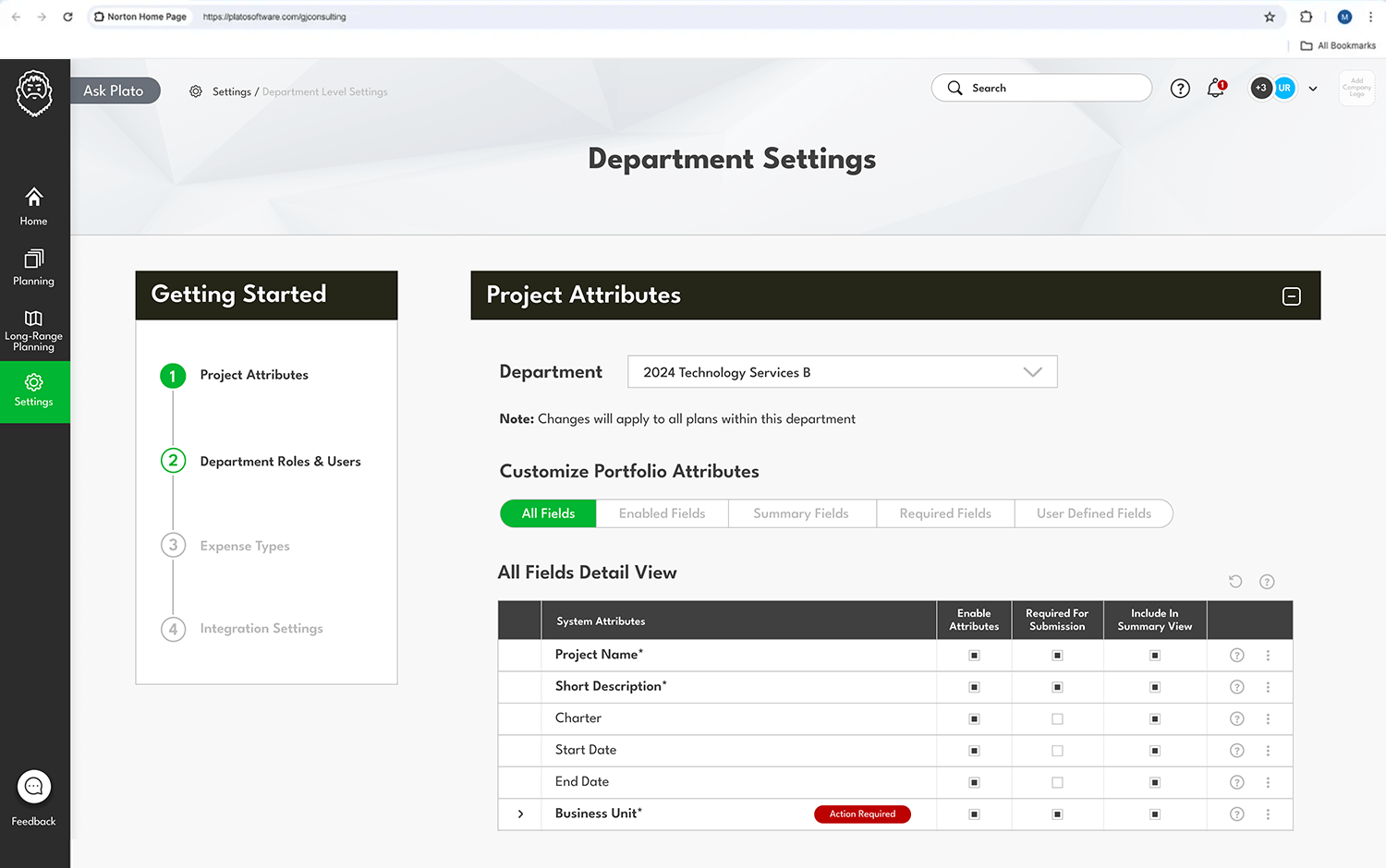 Plato planning setup screen showing project details including plan name, department, budget, and timeline for creating a new financial plan.