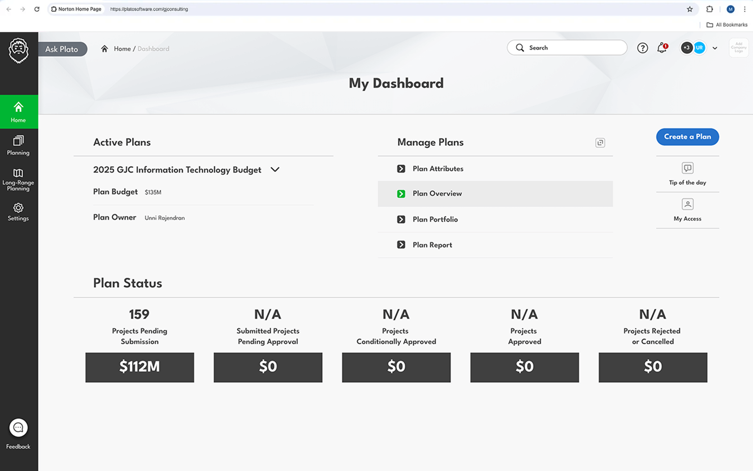 Plato tech planning software dashboard with IT budget plan, project details, budget owners, categories, and dynamic planning tools.